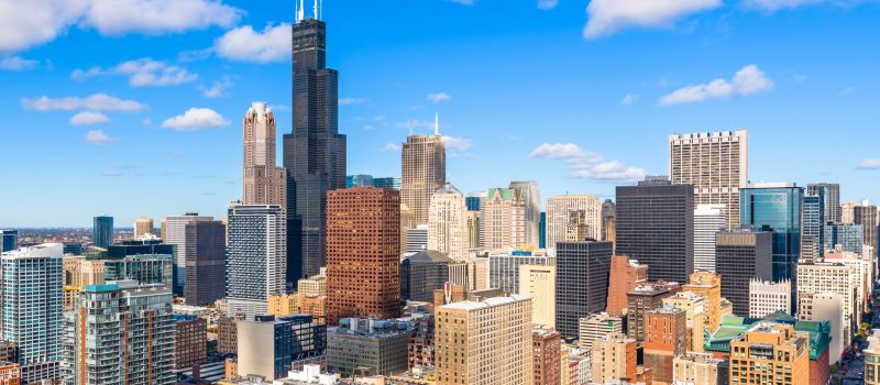 Chicago, Illinois, USA downtown city skyline from above in the afternoon.